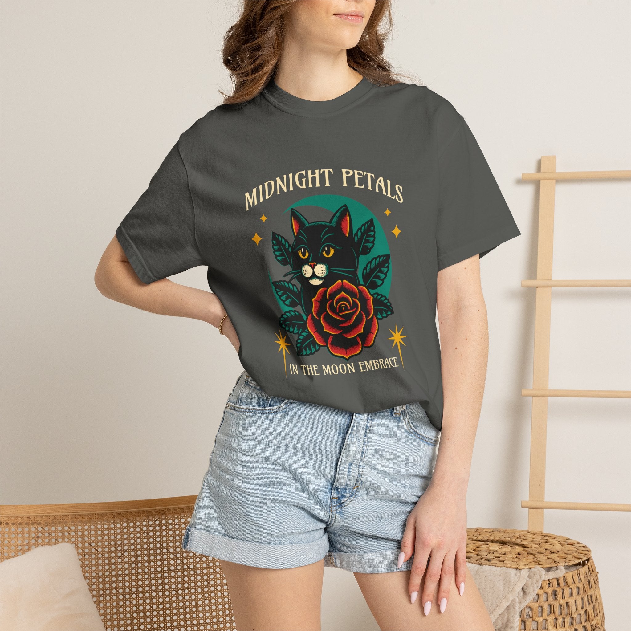 Midnight Petals Cat & Rose Tee — "Midnight Petals: In the Moon Embrace"