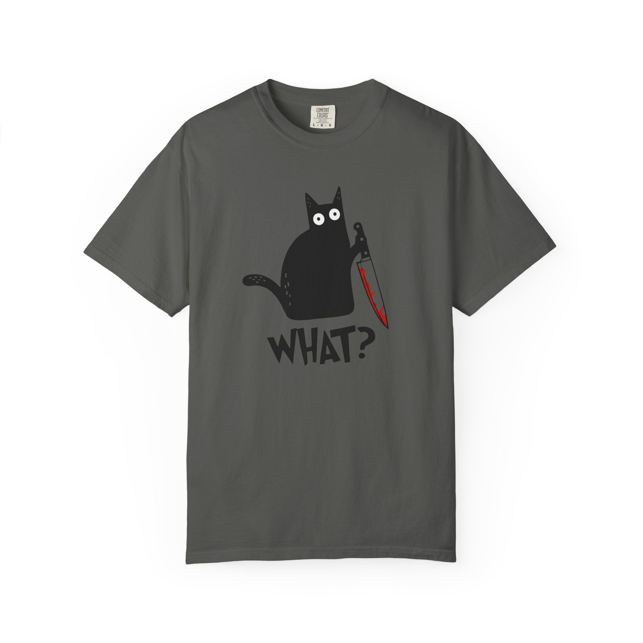 Funny Cat Holding Knife T-Shirt — "What?" Graphic Tee (Dark Humor, Halloween Gift)