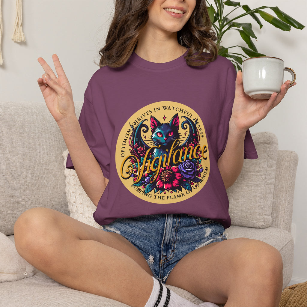 Vigilance Cat Graphic T-Shirt — Retro Floral Crest Tee