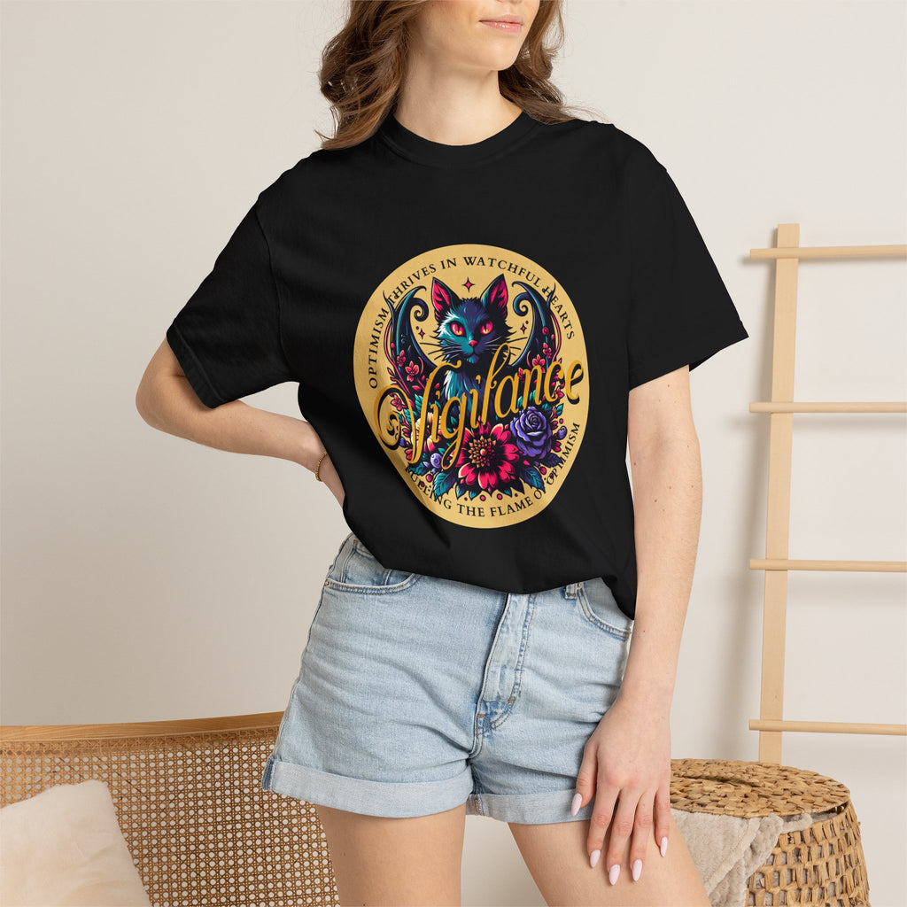 Vigilance Cat Graphic T-Shirt — Retro Floral Crest Tee