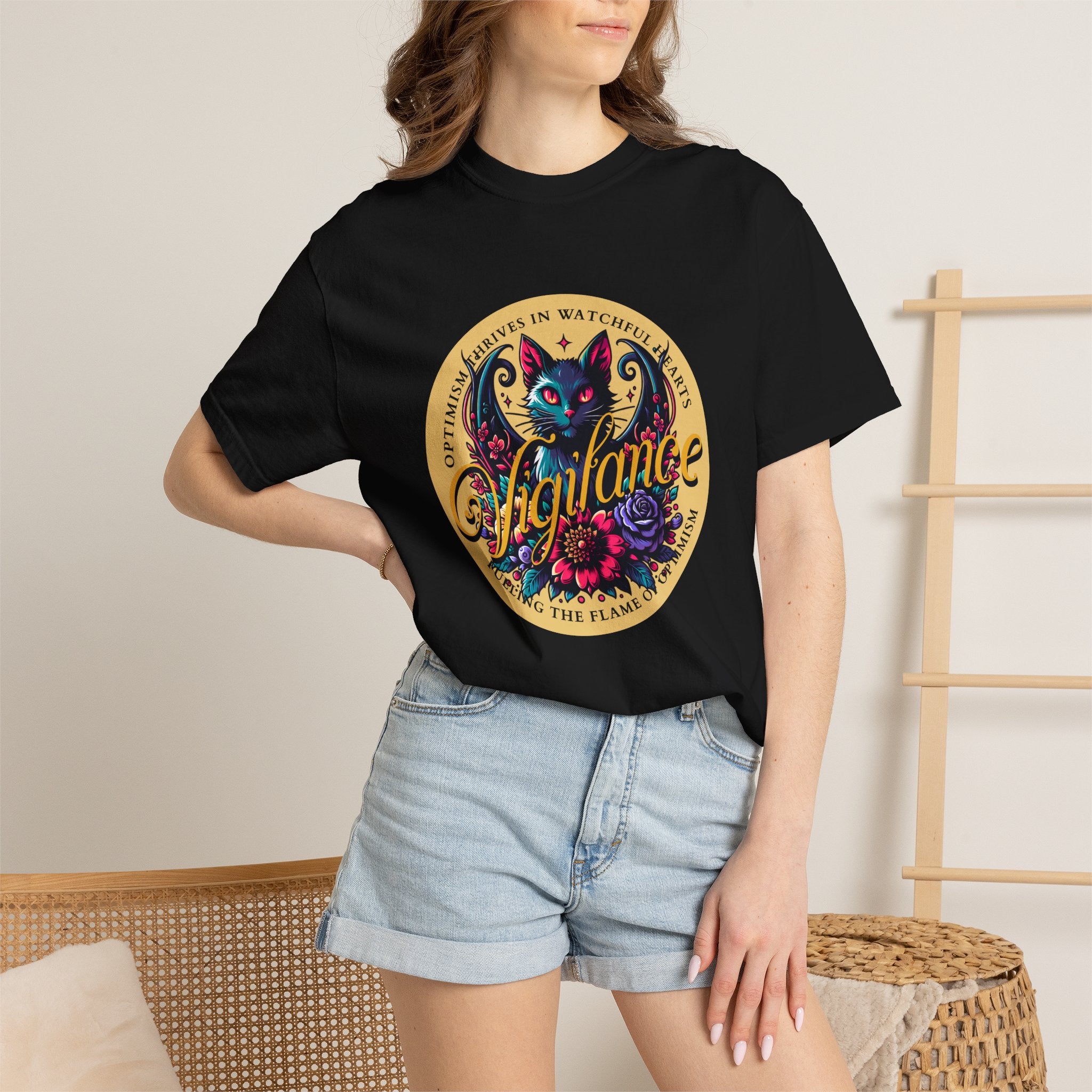 Vigilance Cat Graphic T-Shirt — Retro Floral Crest Tee