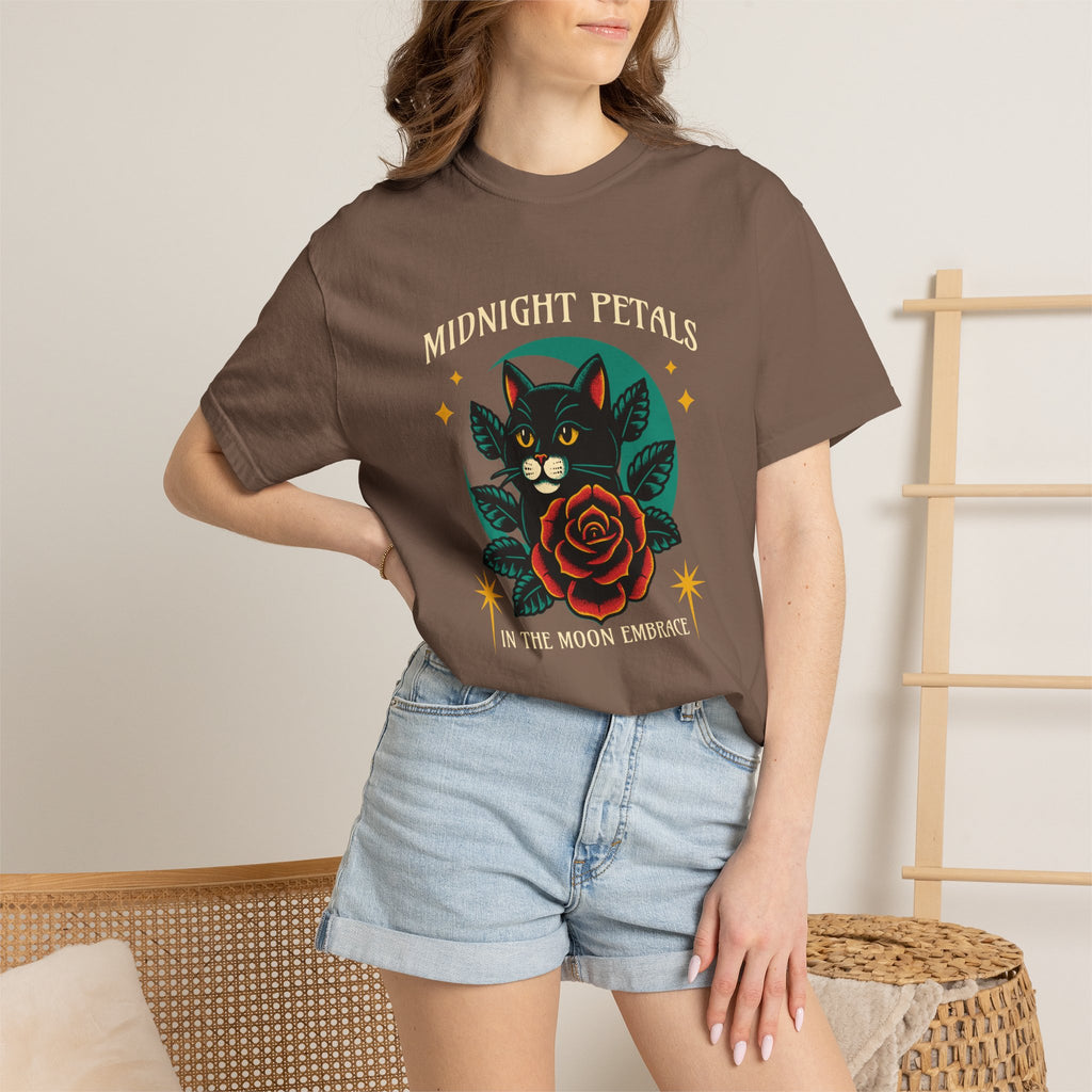 Midnight Petals Cat & Rose Tee — "Midnight Petals: In the Moon Embrace"
