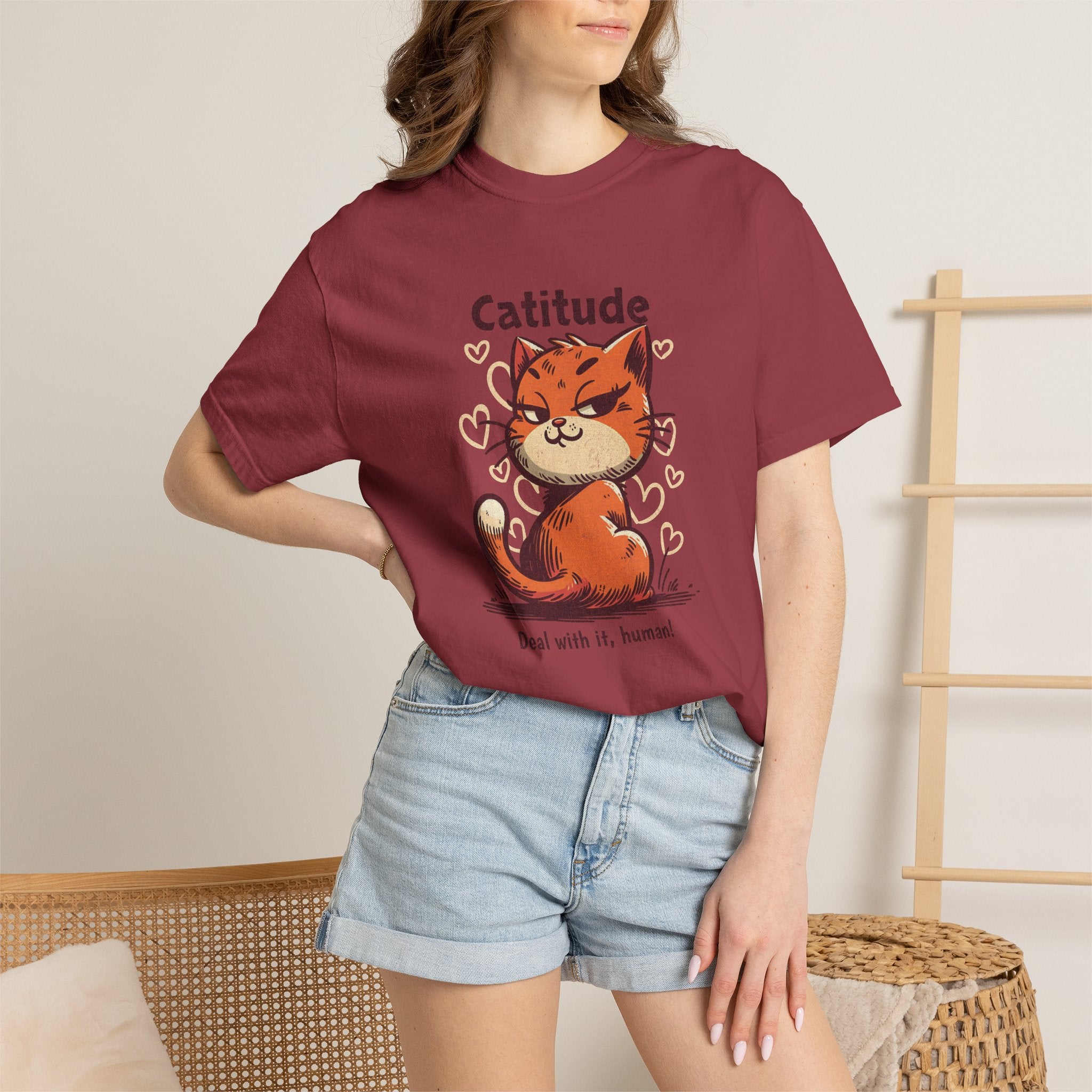 Catitude T-Shirt — Cute Orange Cat Graphic Tee, "Deal with it, human!"