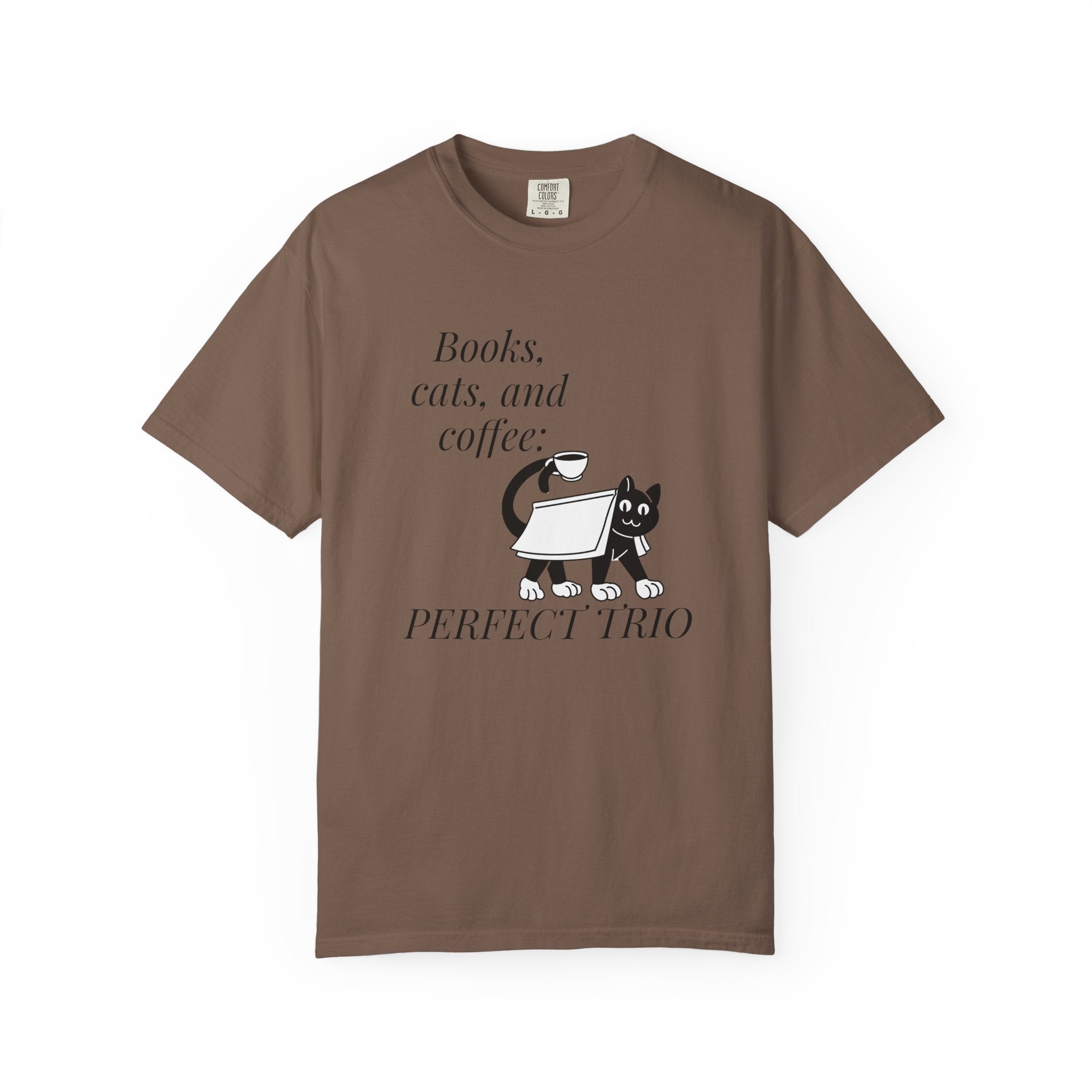 Books, Cats, and Coffee T-Shirt — "Perfect Trio" Cozy Reader Tee