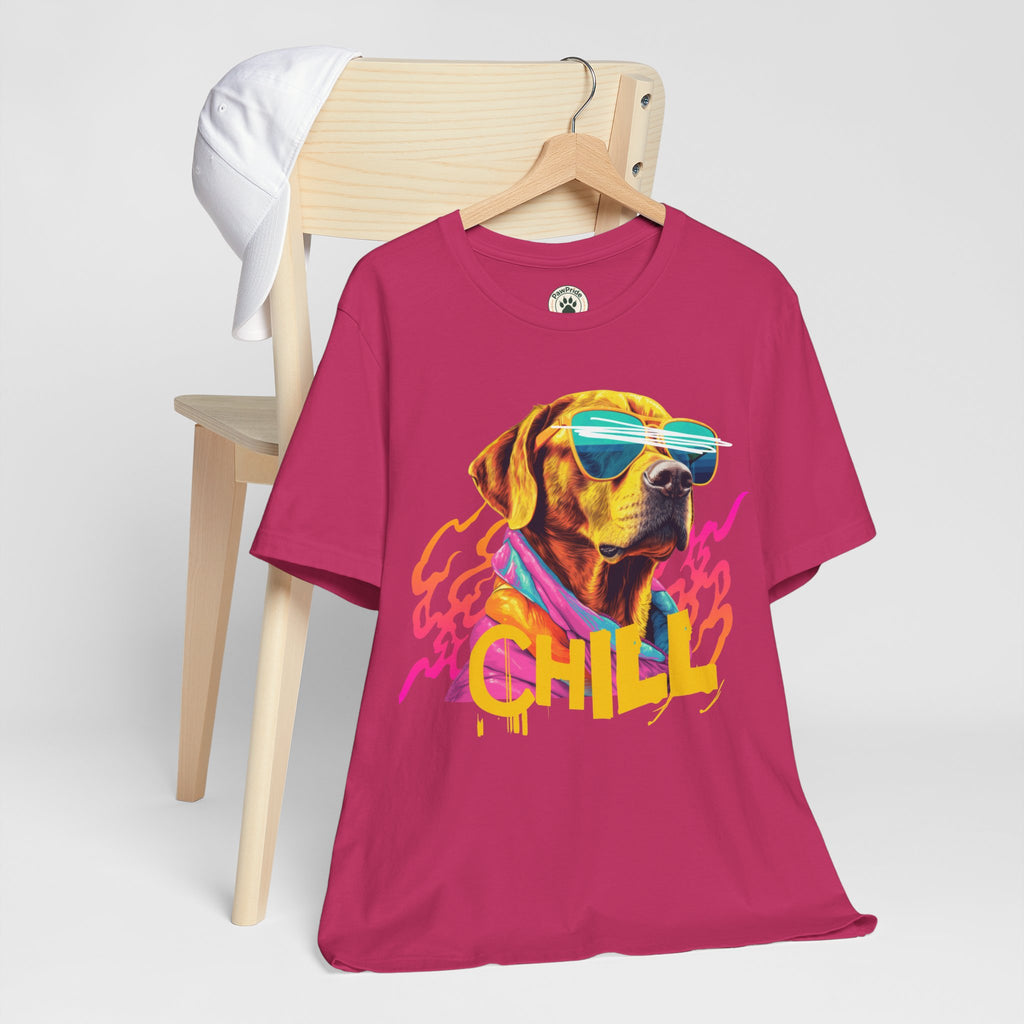 Chill Sunglasses Dog Tee — Retro Neon “CHILL” Graphic T-Shirt