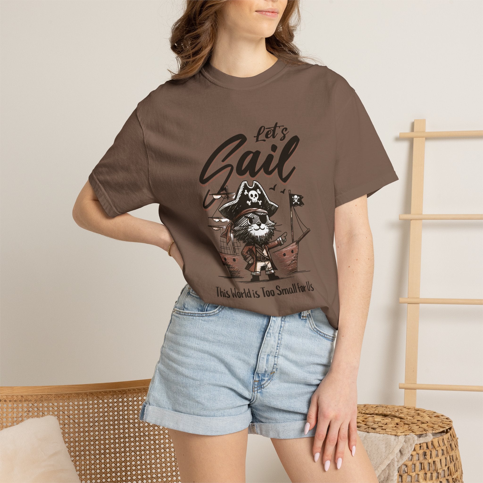 Let's Sail Pirate Cat T-Shirt — "This World Is Too Small For Us" Vintage Nautical Tee
