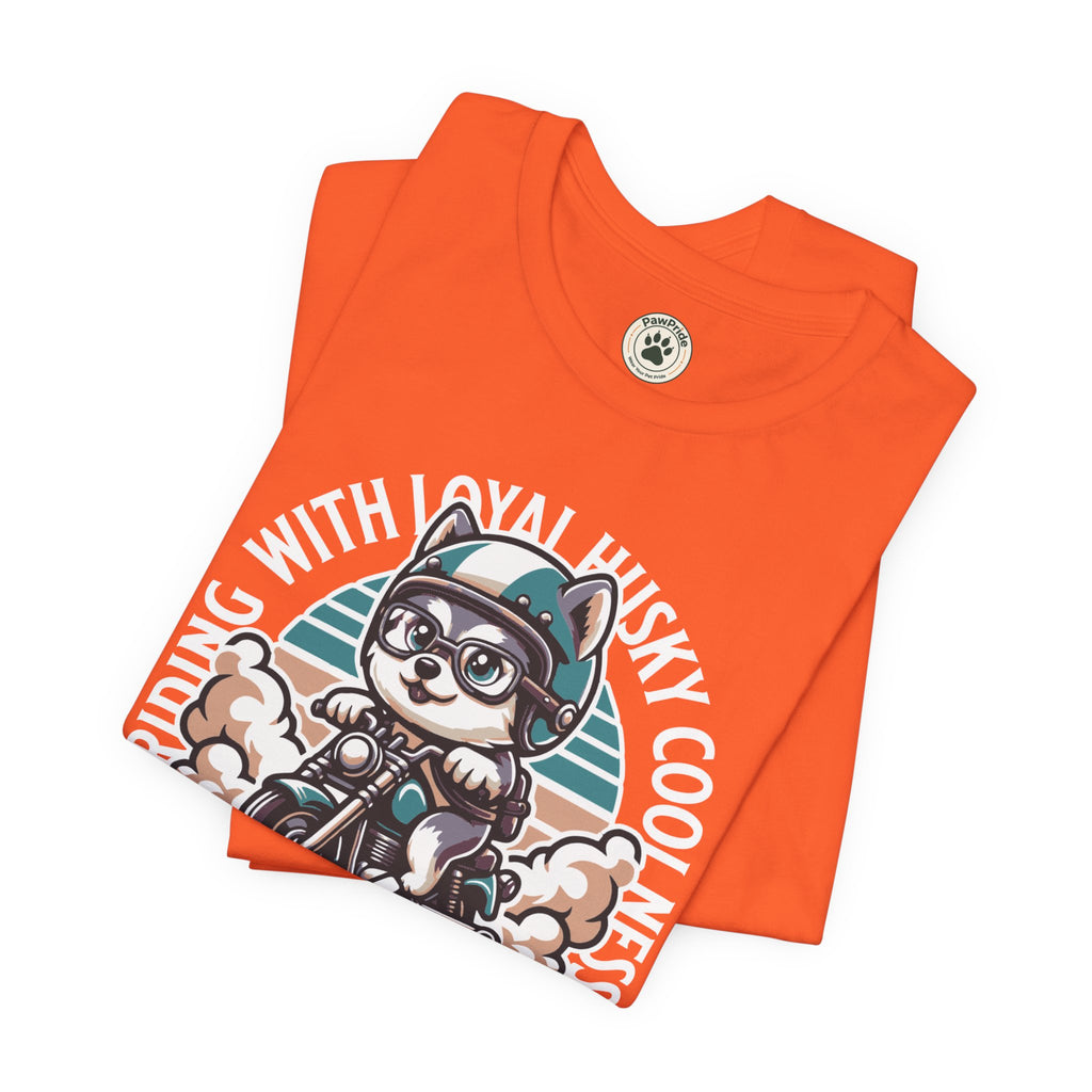 Riders Cat Motorcycle Tee — "Riding With Loyal Husky Coolness" Graphic Shirt