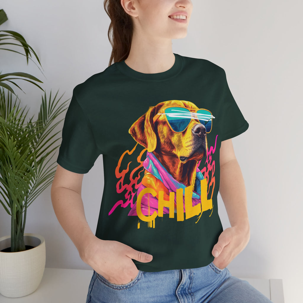 Chill Sunglasses Dog Tee — Retro Neon “CHILL” Graphic T-Shirt