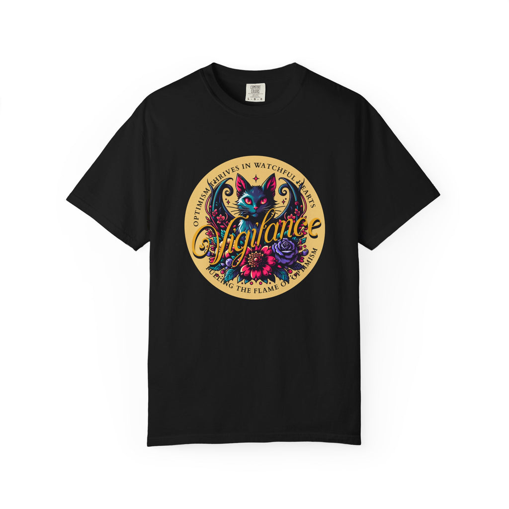 Vigilance Cat Graphic T-Shirt — Retro Floral Crest Tee