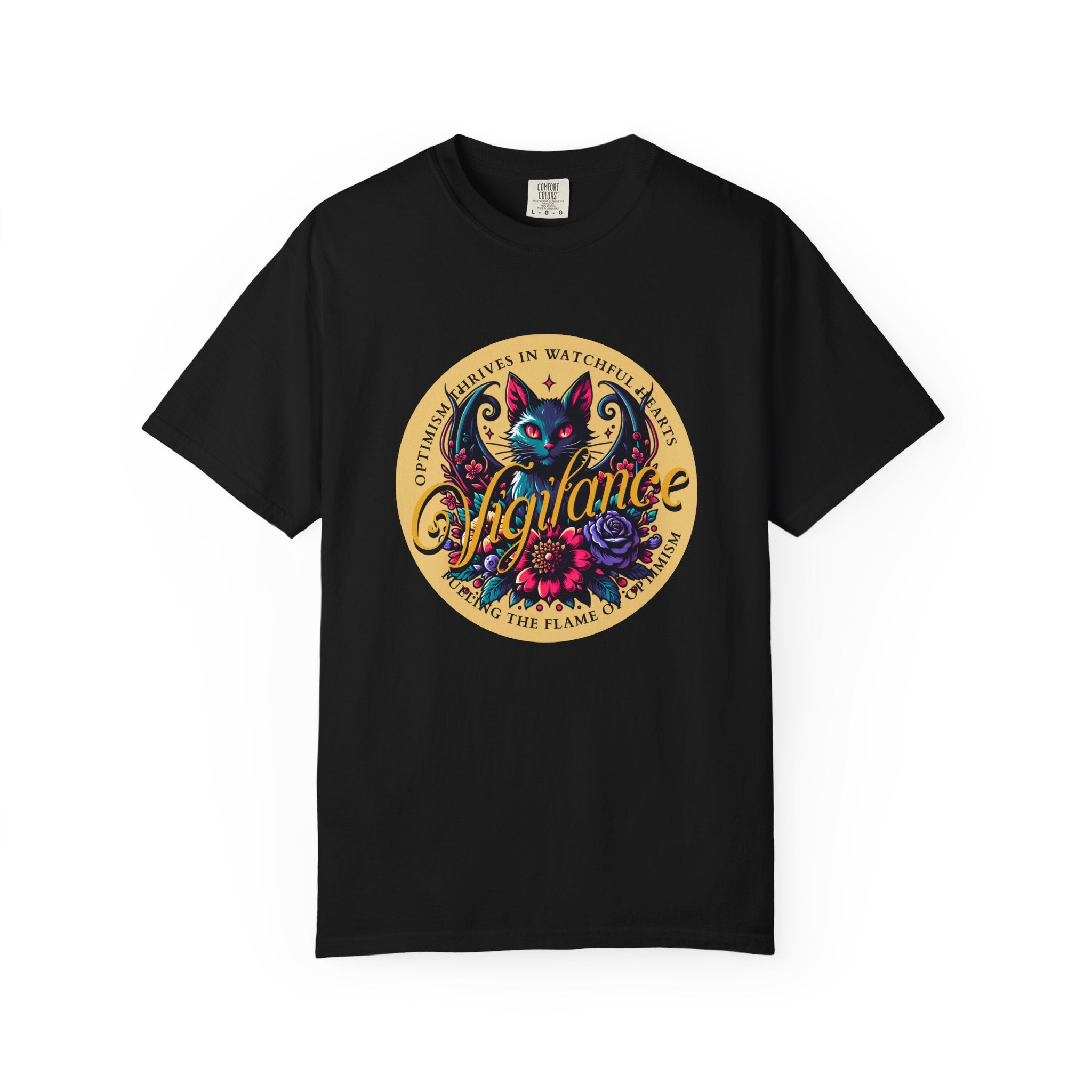 Vigilance Cat Graphic T-Shirt — Retro Floral Crest Tee