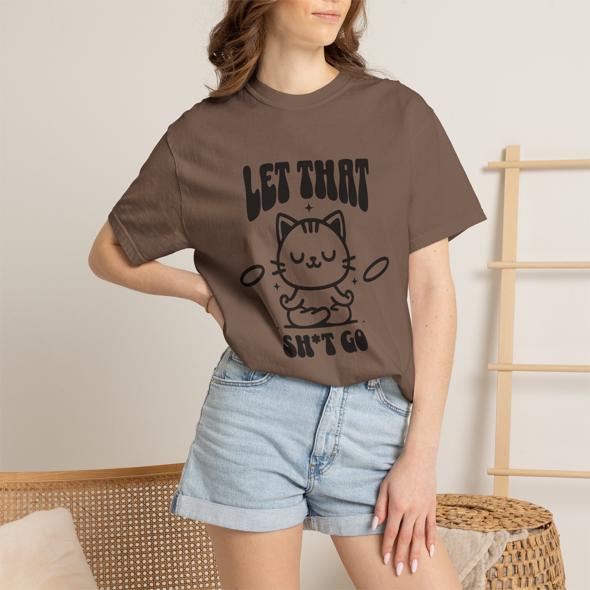 Let That Sh*t Go Cat T-Shirt — Funny Meditation Cat Tee, Mindfulness Gift
