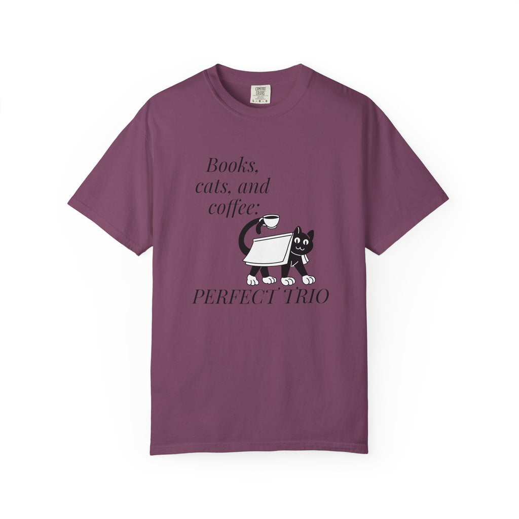Books, Cats, and Coffee T-Shirt — "Perfect Trio" Cozy Reader Tee