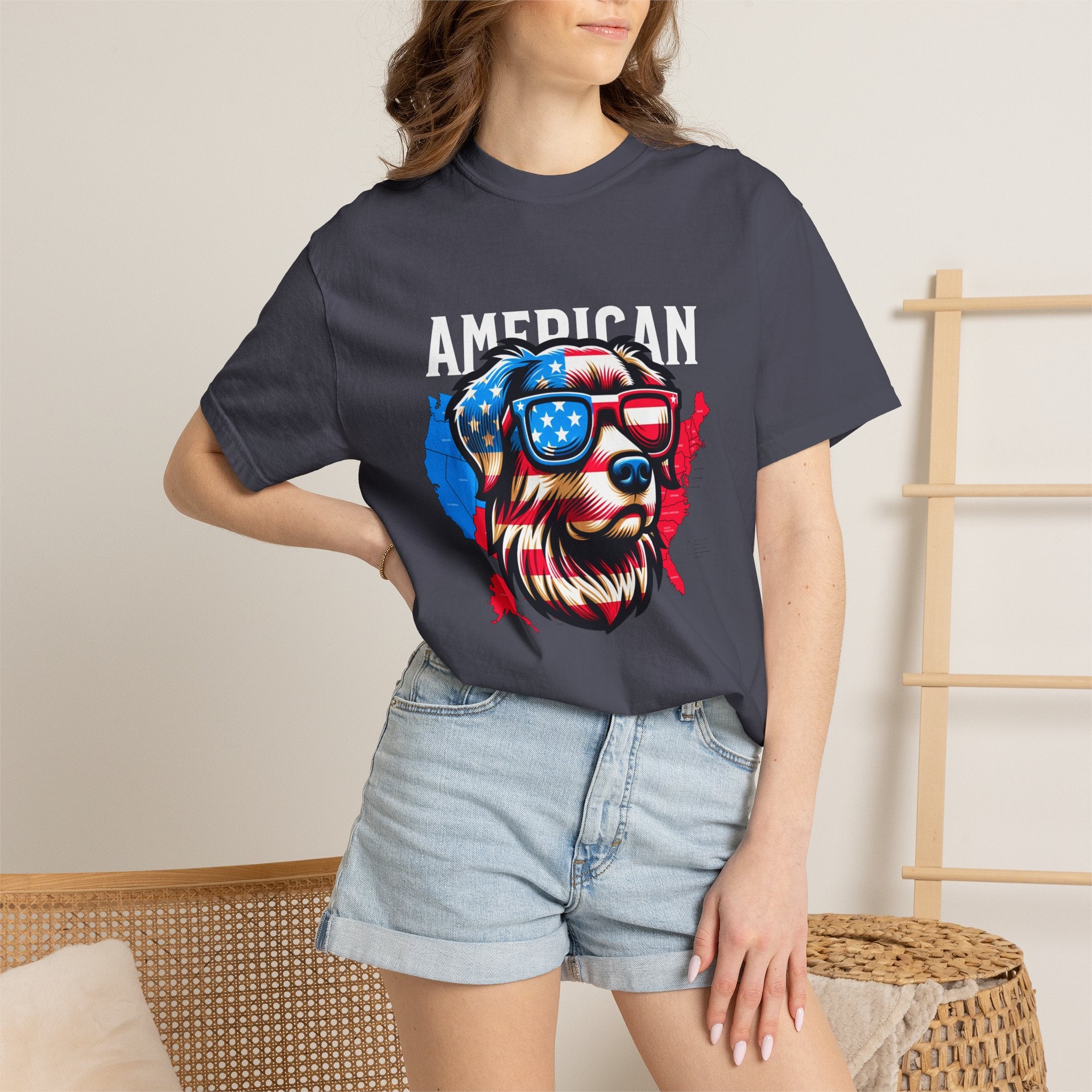 American Dog Graphic T-Shirt — Patriotic Sunglasses USA Crew Tee