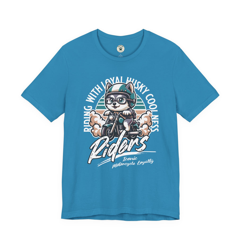 Riders Cat Motorcycle Tee — "Riding With Loyal Husky Coolness" Graphic Shirt