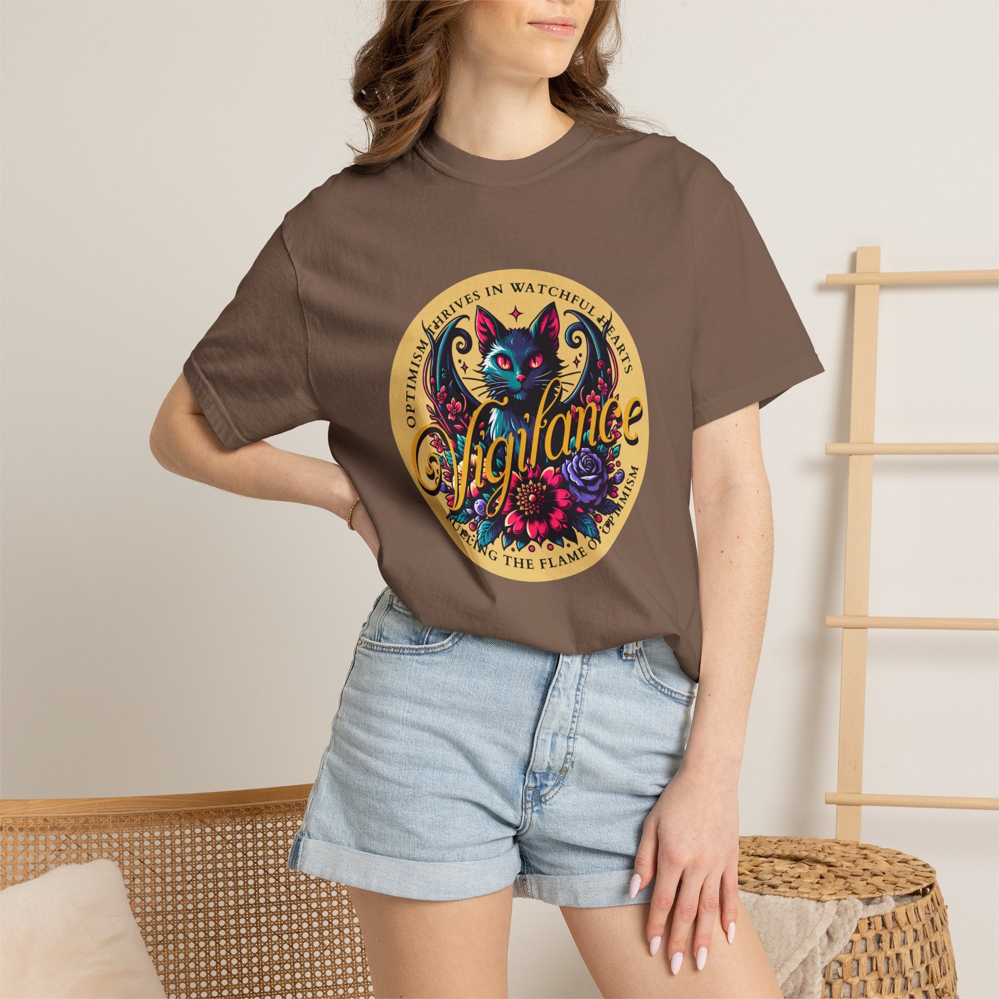 Vigilance Cat Graphic T-Shirt — Retro Floral Crest Tee