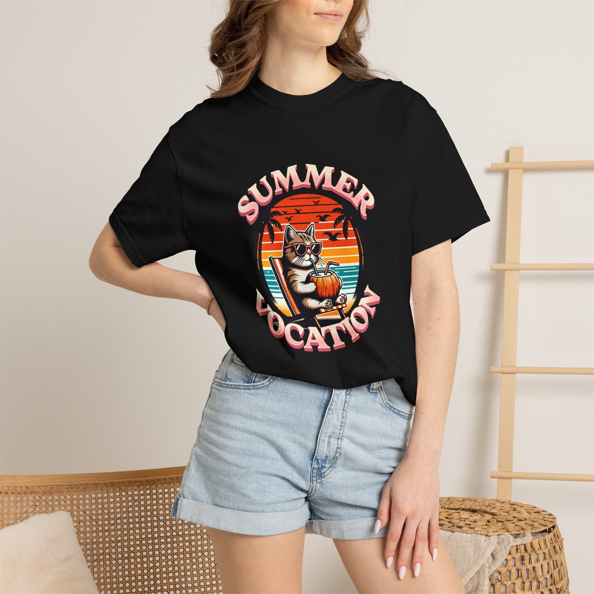 Summer Vacation T‑Shirt — Retro Cat on Beach Graphic