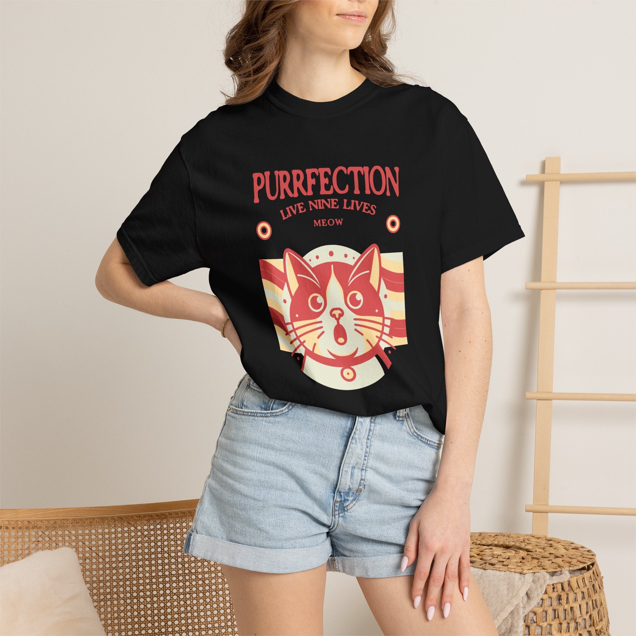 Purrfection Cat T-Shirt — "Purrfection Lives Nine Lives" Retro Cat Graphic Tee
