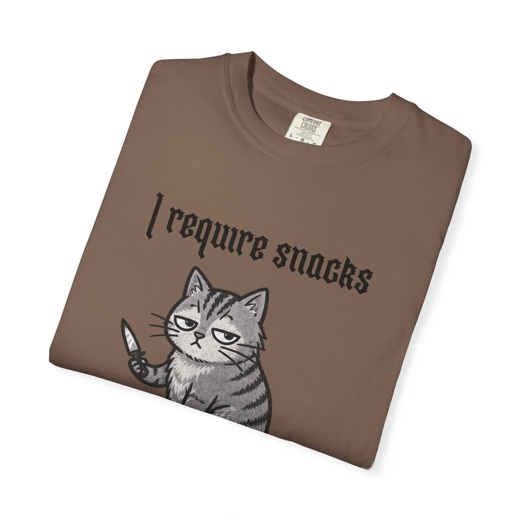 I Require Snacks Cat T‑Shirt — Cute Grumpy Kitty Graphic Tee