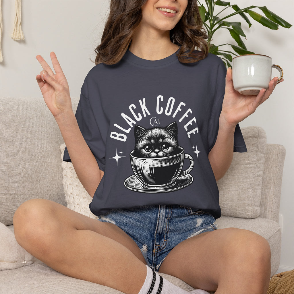 Black Coffee Cat T-Shirt — Cute Cat in Coffee Cup Graphic Tee