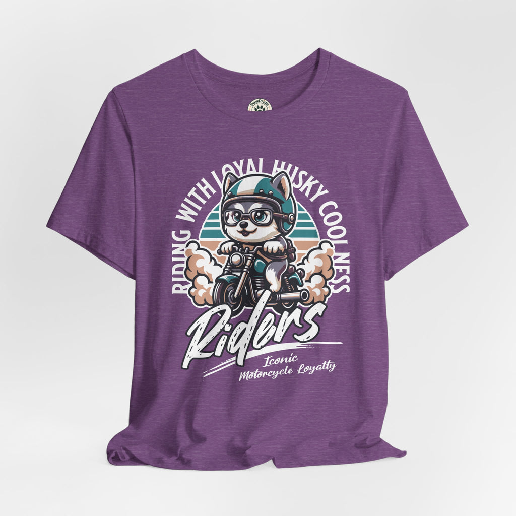 Riders Cat Motorcycle Tee — "Riding With Loyal Husky Coolness" Graphic Shirt