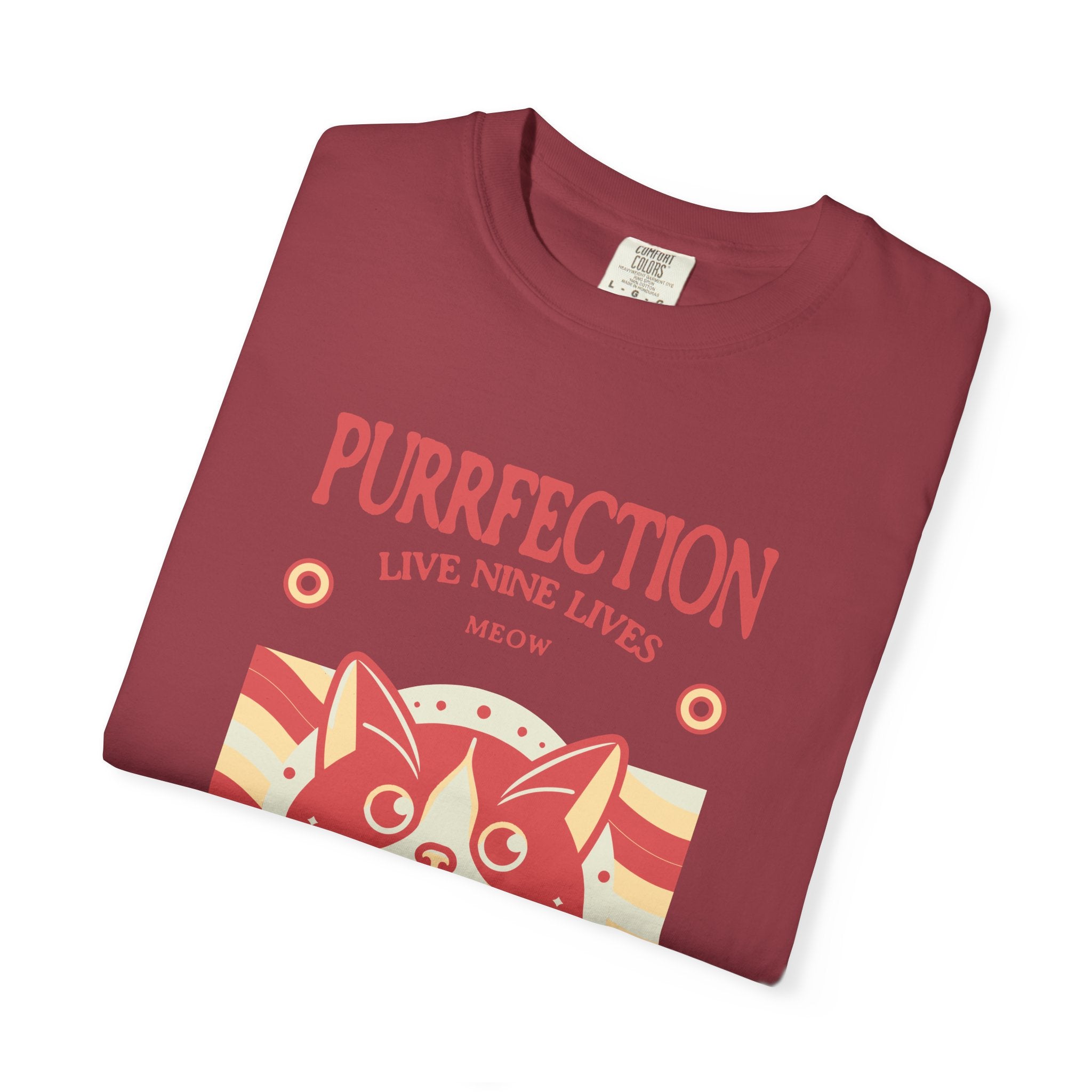 Purrfection Cat T-Shirt — "Purrfection Lives Nine Lives" Retro Cat Graphic Tee