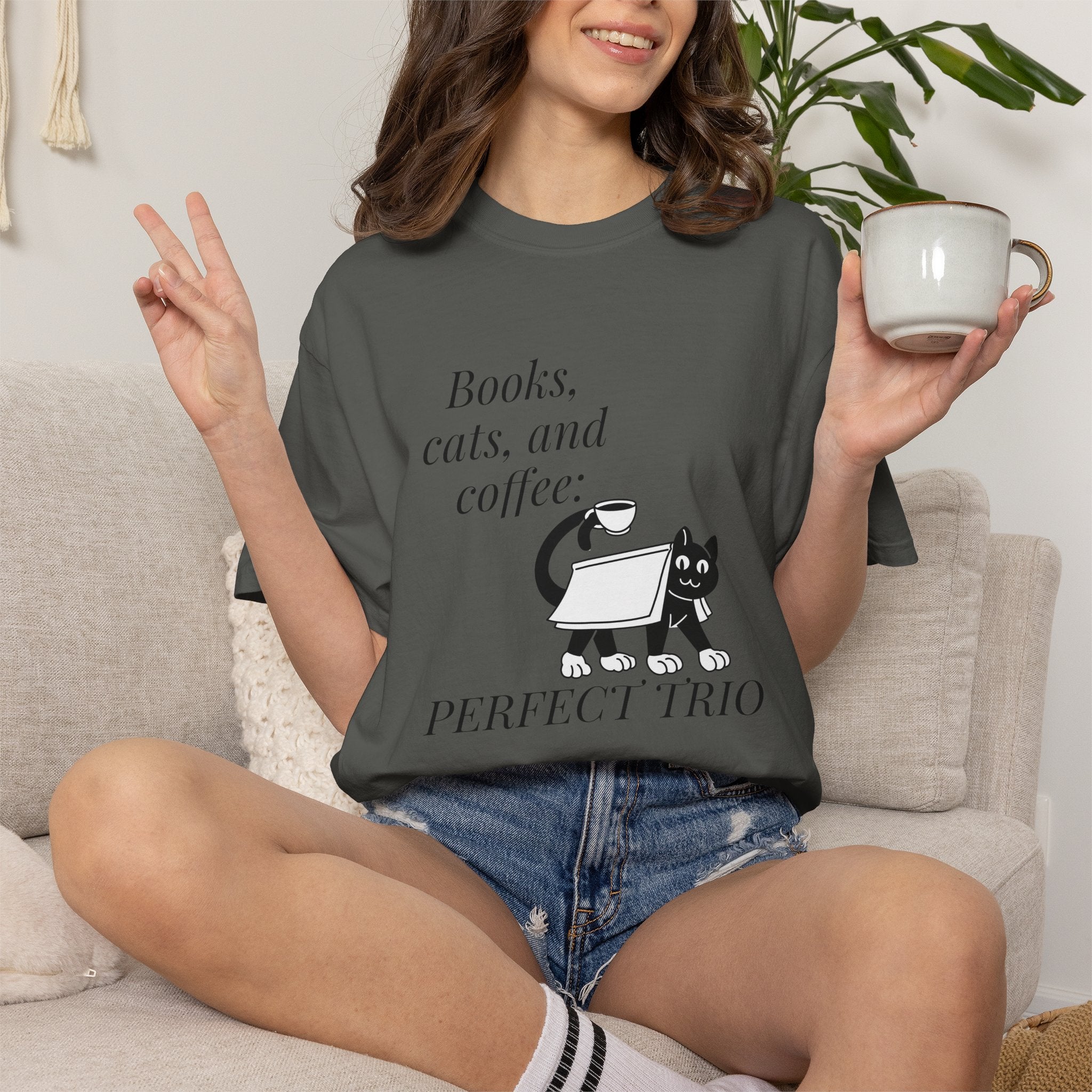 Books, Cats, and Coffee T-Shirt — "Perfect Trio" Cozy Reader Tee