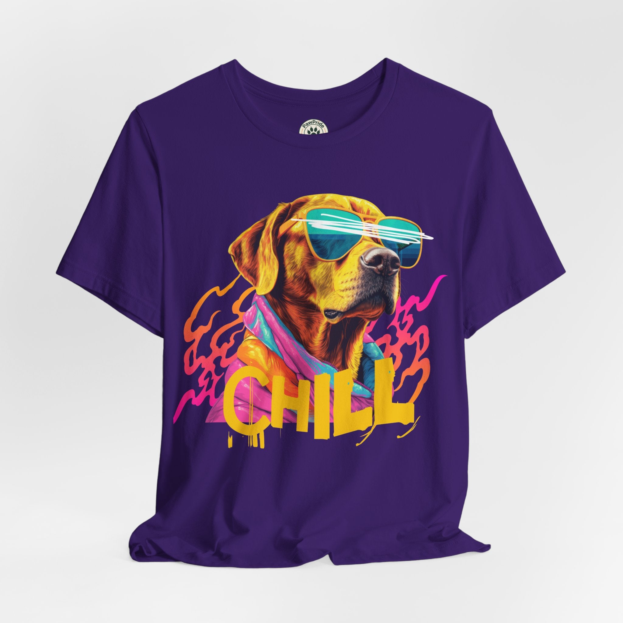 Chill Sunglasses Dog Tee — Retro Neon “CHILL” Graphic T-Shirt