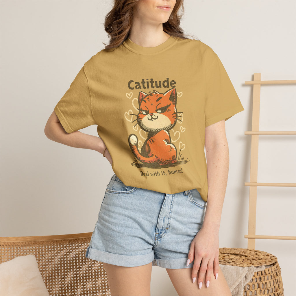 Catitude T-Shirt — Cute Orange Cat Graphic Tee, "Deal with it, human!"
