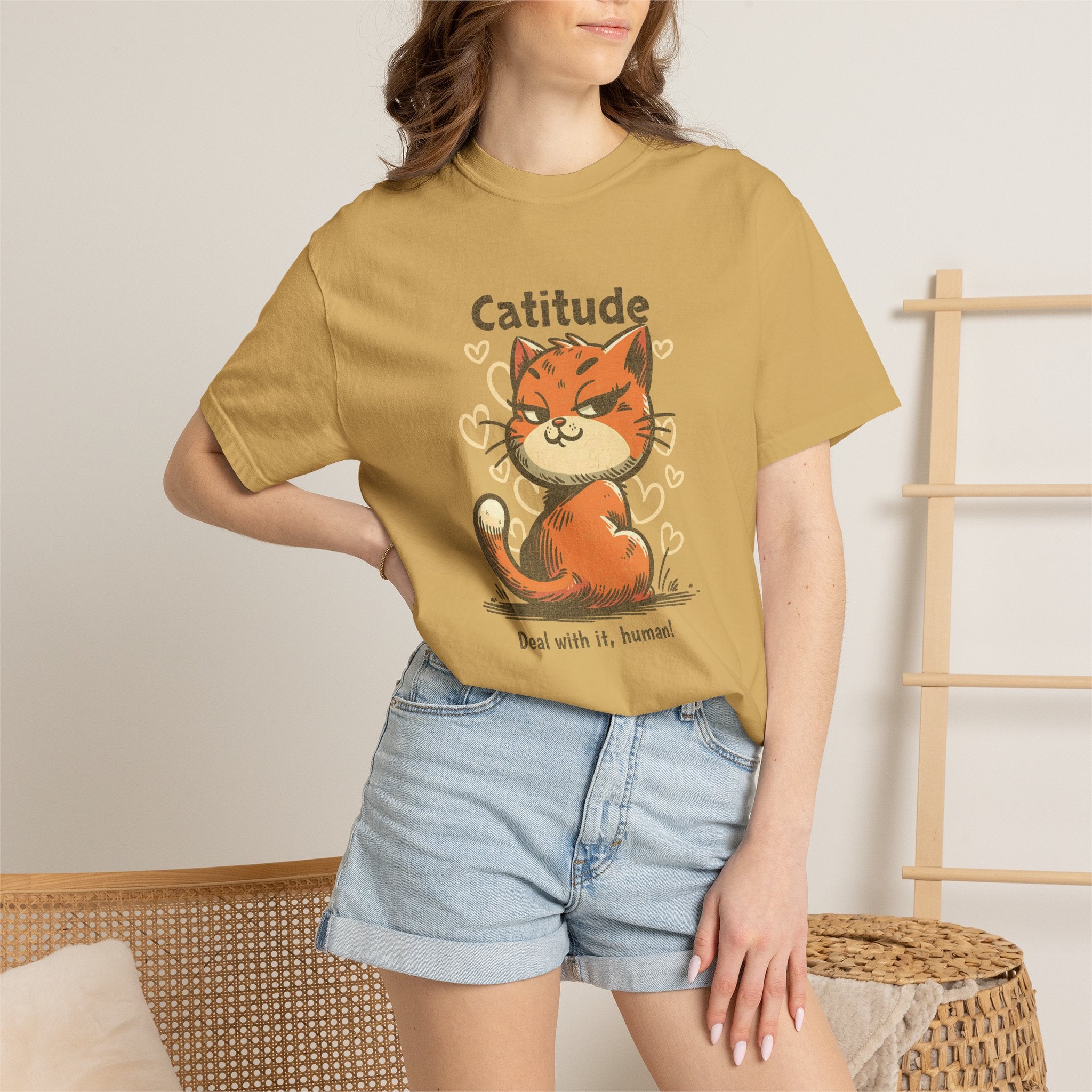 Catitude T-Shirt — Cute Orange Cat Graphic Tee, "Deal with it, human!"