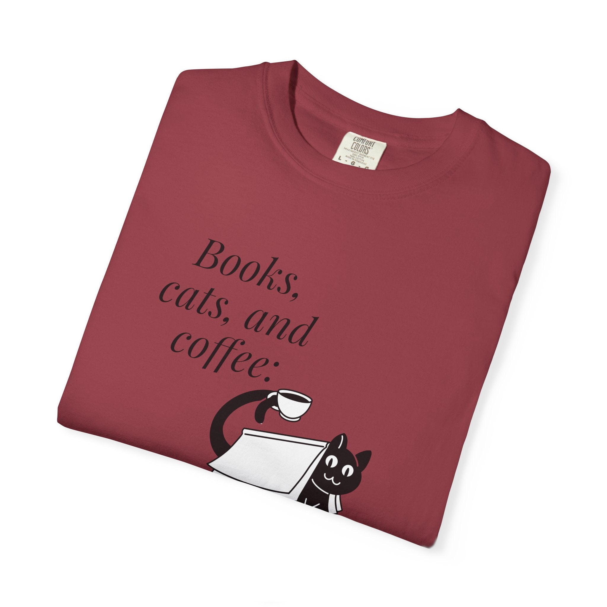 Books, Cats, and Coffee T-Shirt — "Perfect Trio" Cozy Reader Tee