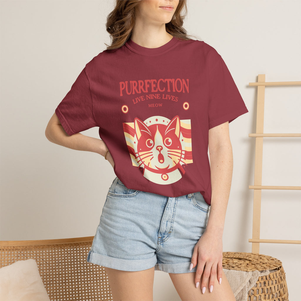 Purrfection Cat T-Shirt — "Purrfection Lives Nine Lives" Retro Cat Graphic Tee