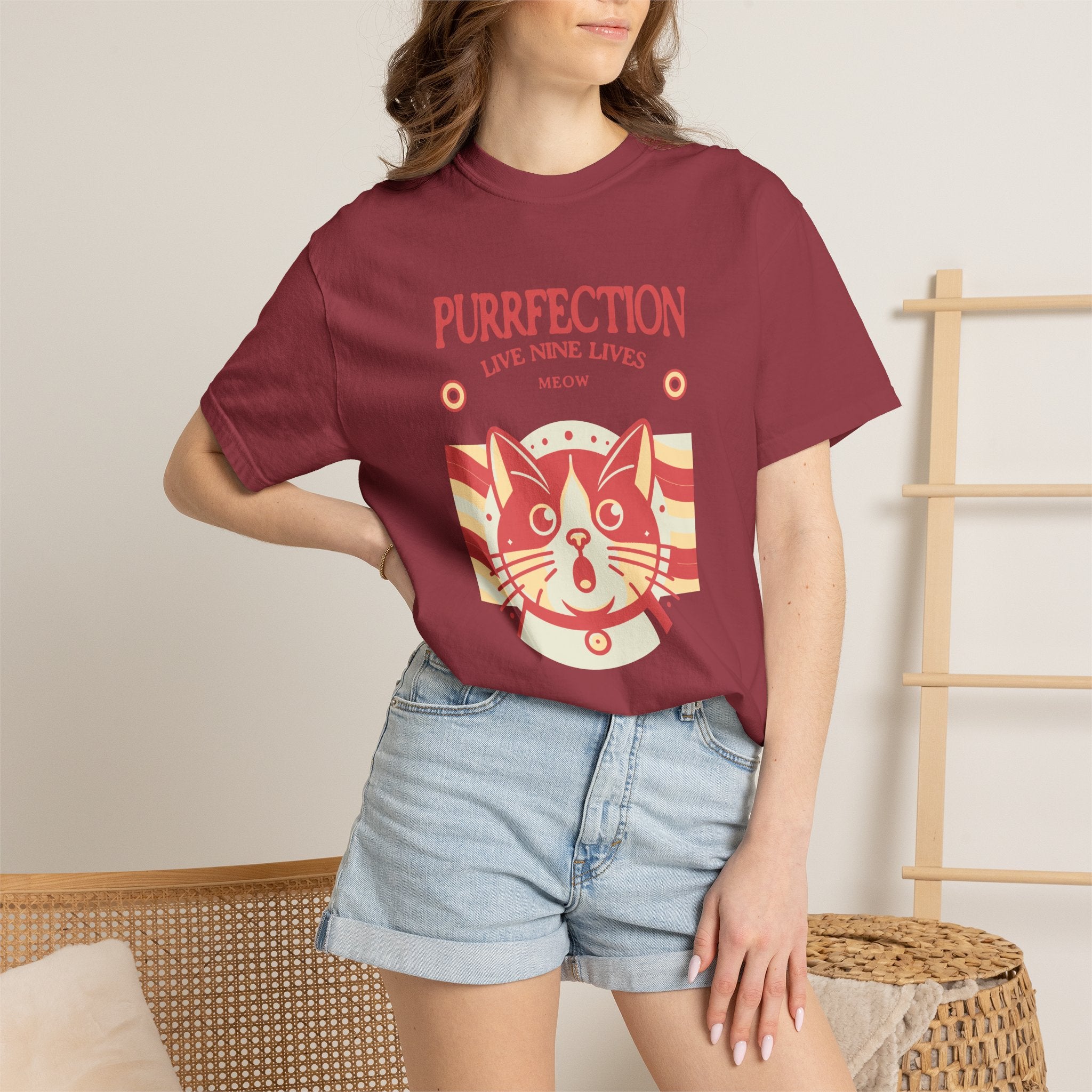 Purrfection Cat T-Shirt — "Purrfection Lives Nine Lives" Retro Cat Graphic Tee