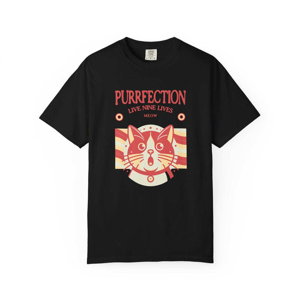 Purrfection Cat T-Shirt — "Purrfection Lives Nine Lives" Retro Cat Graphic Tee
