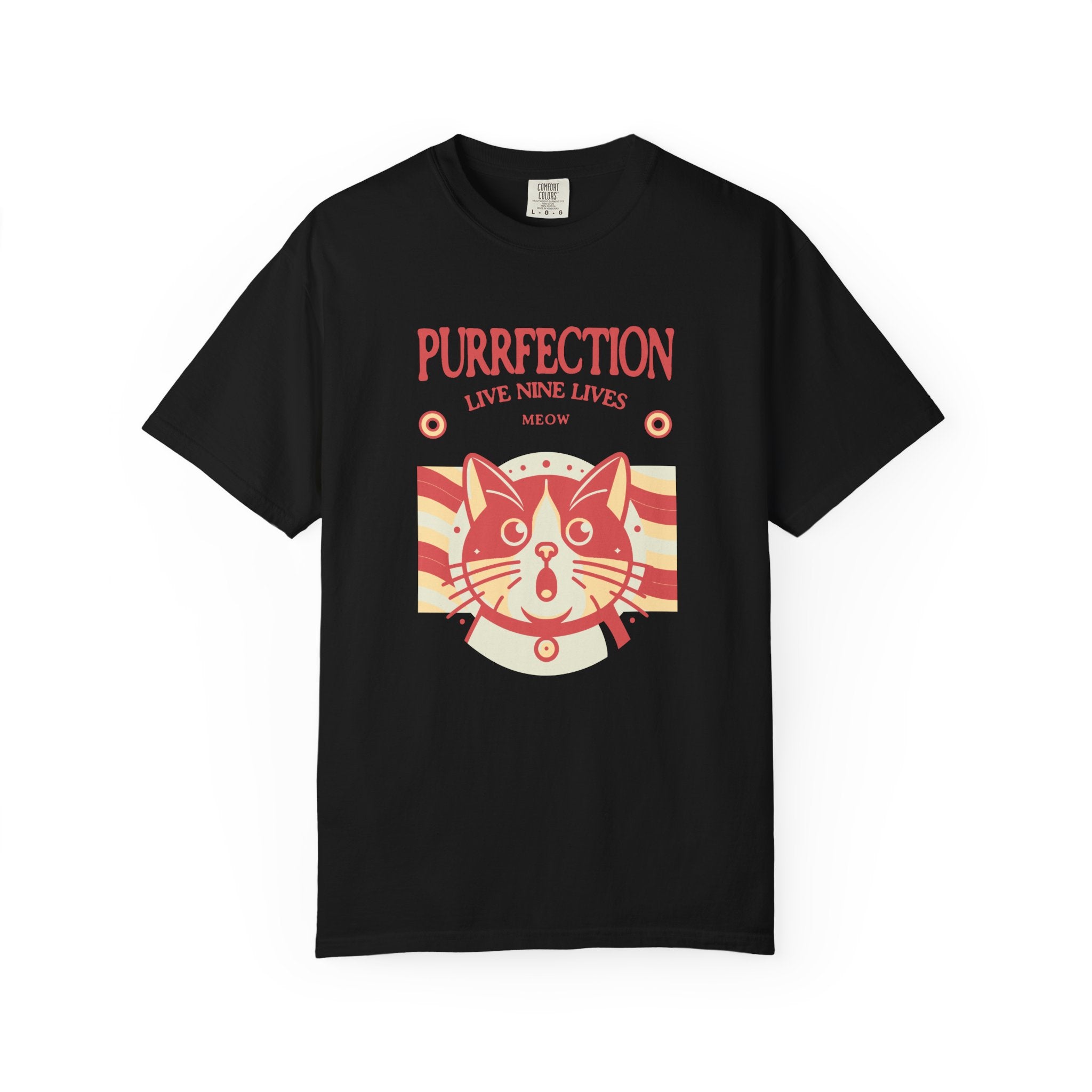 Purrfection Cat T-Shirt — "Purrfection Lives Nine Lives" Retro Cat Graphic Tee