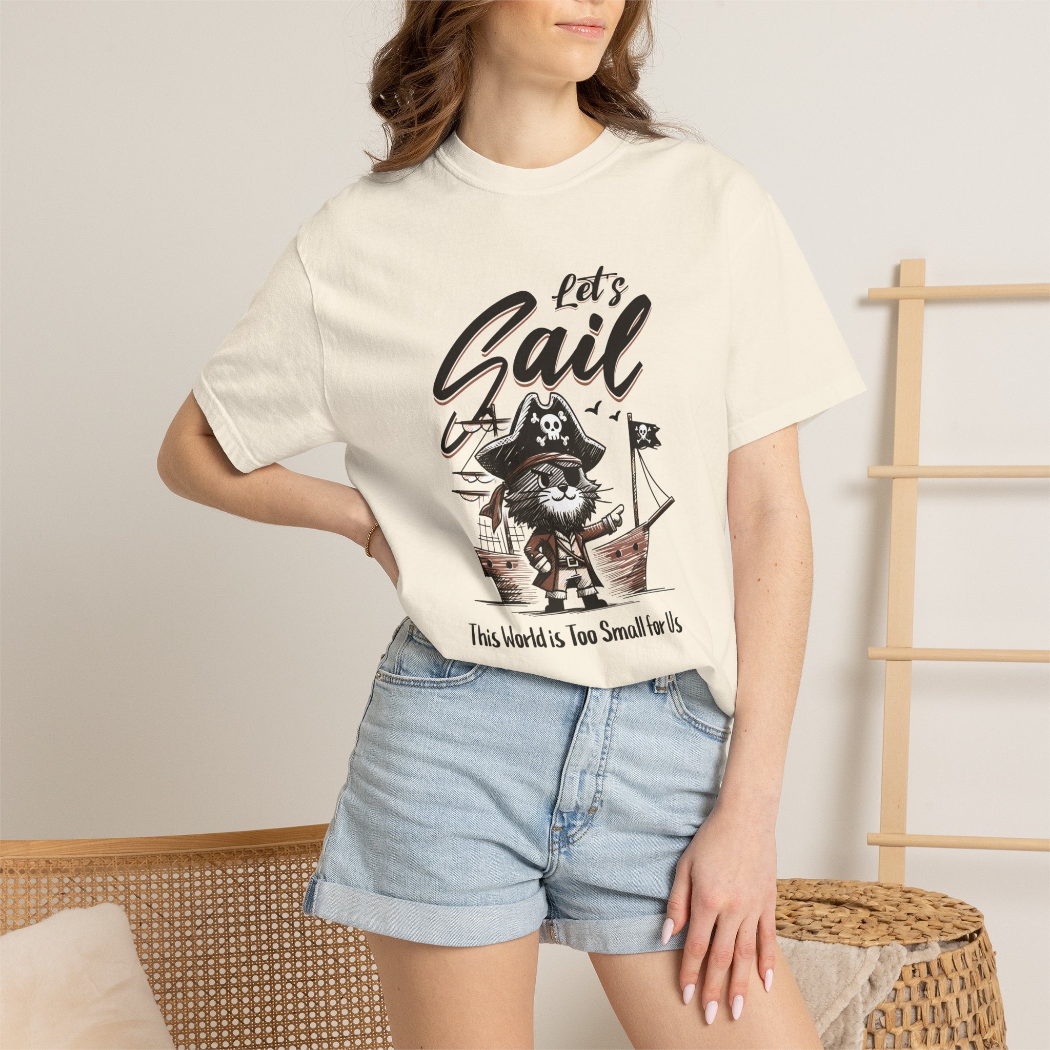 Let's Sail Pirate Cat T-Shirt — "This World Is Too Small For Us" Vintage Nautical Tee
