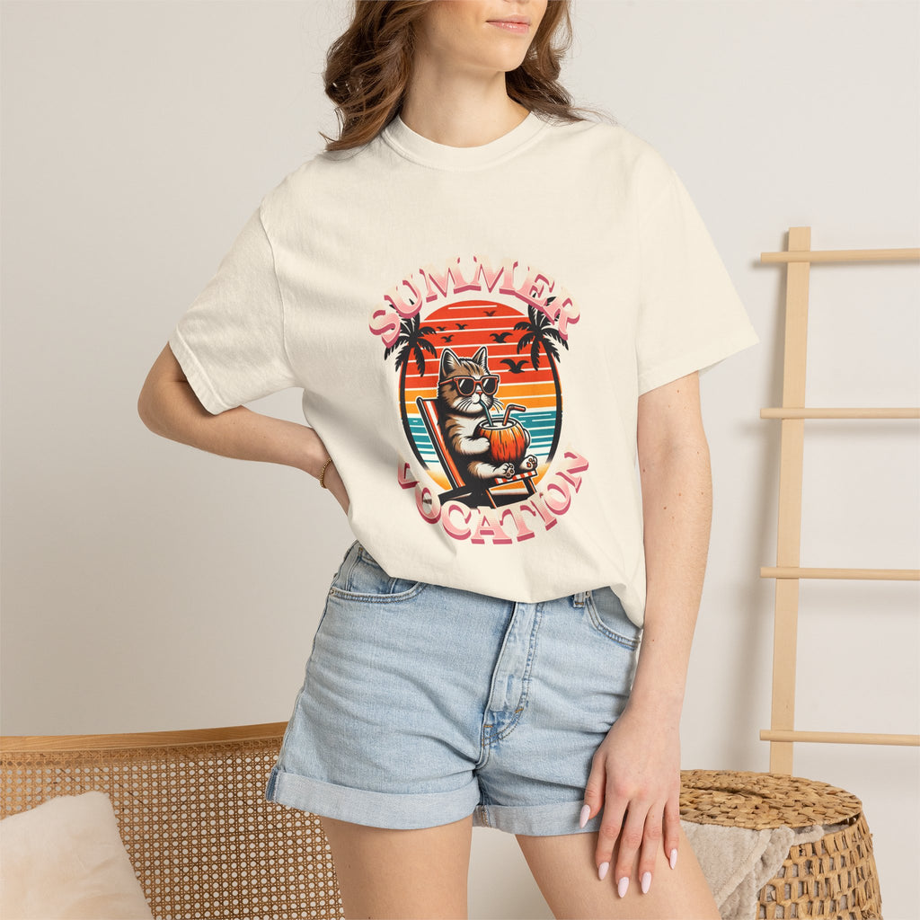 Summer Vacation T‑Shirt — Retro Cat on Beach Graphic