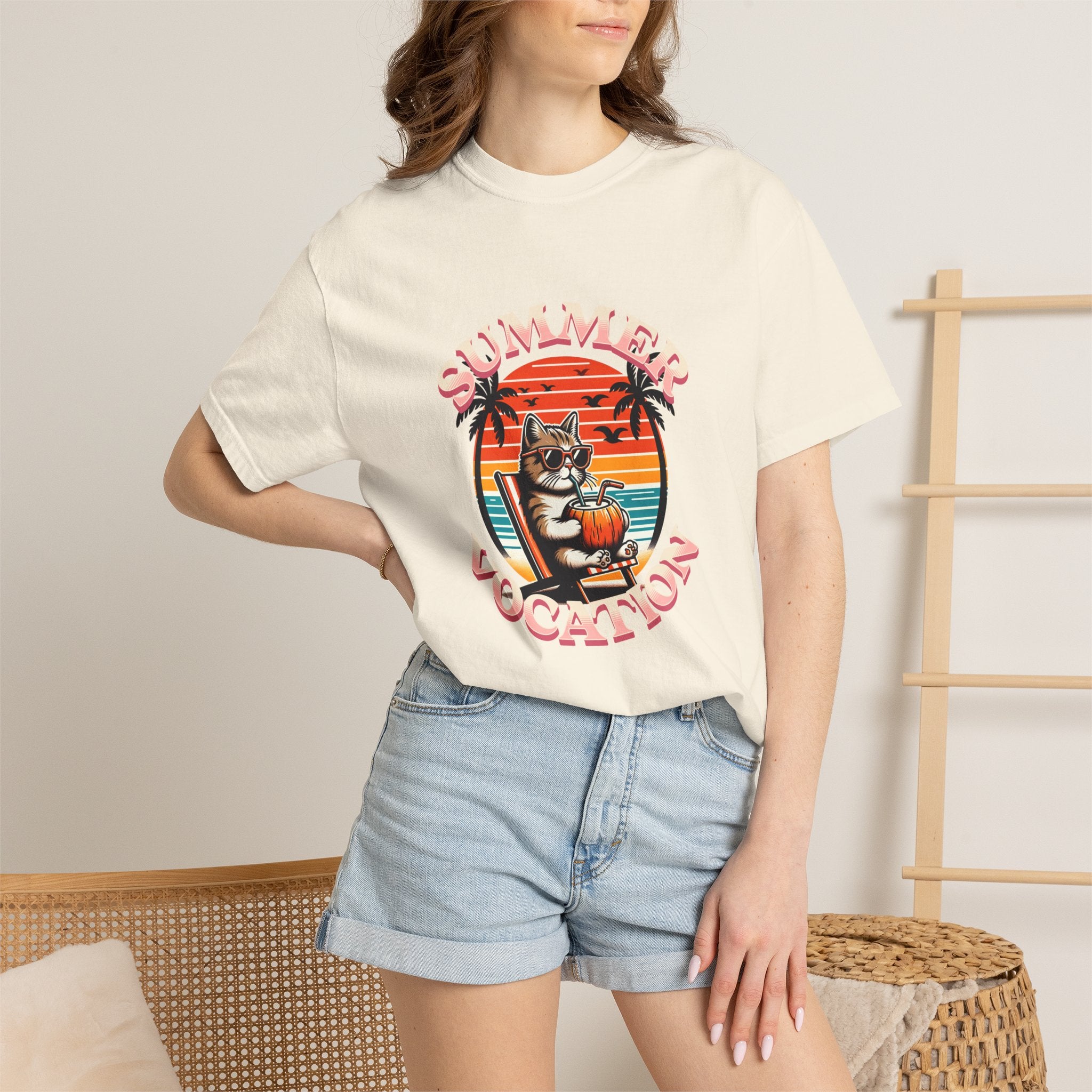 Summer Vacation T‑Shirt — Retro Cat on Beach Graphic