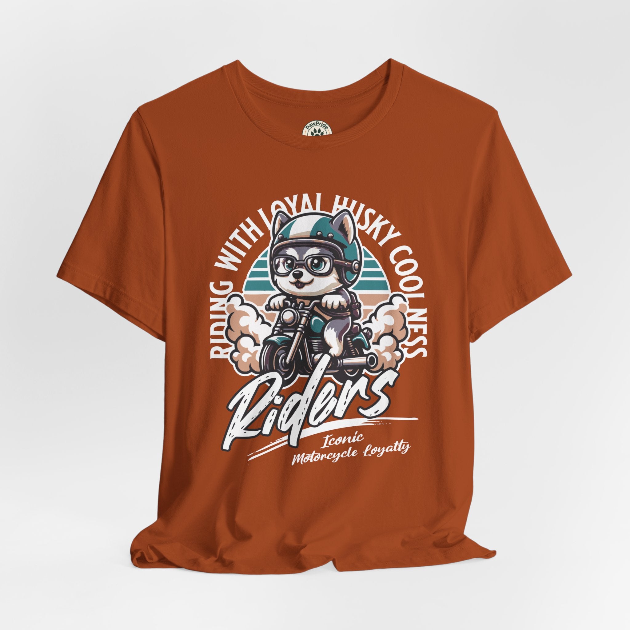 Riders Cat Motorcycle Tee — "Riding With Loyal Husky Coolness" Graphic Shirt