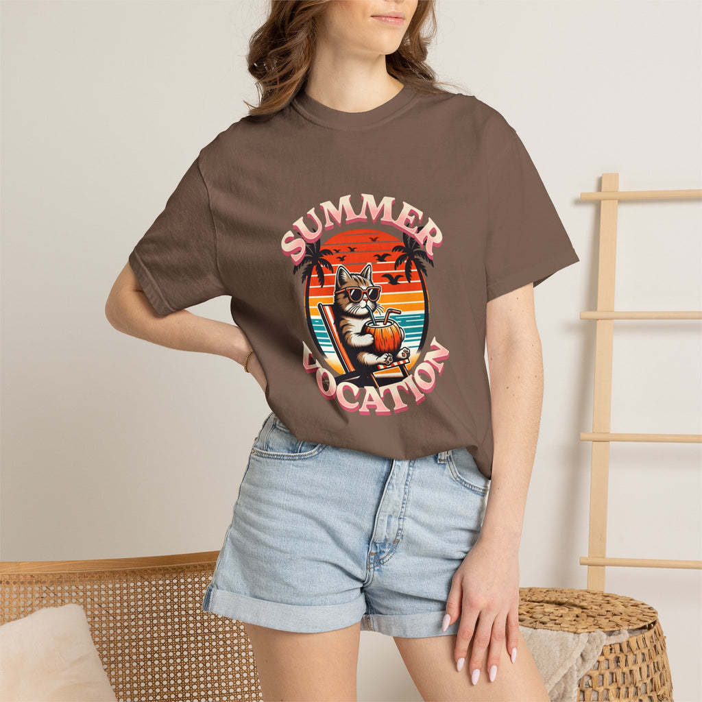Summer Vacation T‑Shirt — Retro Cat on Beach Graphic