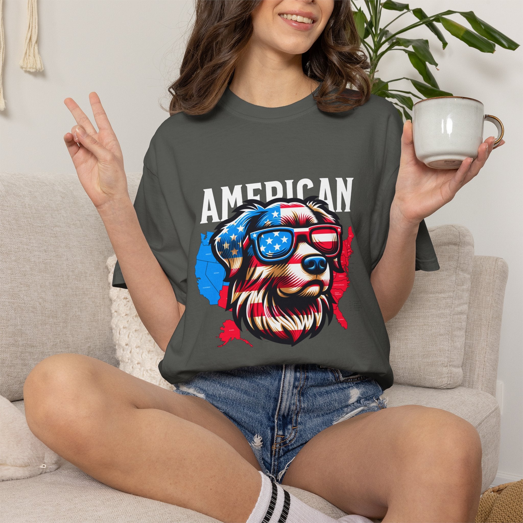American Dog Graphic T-Shirt — Patriotic Sunglasses USA Crew Tee