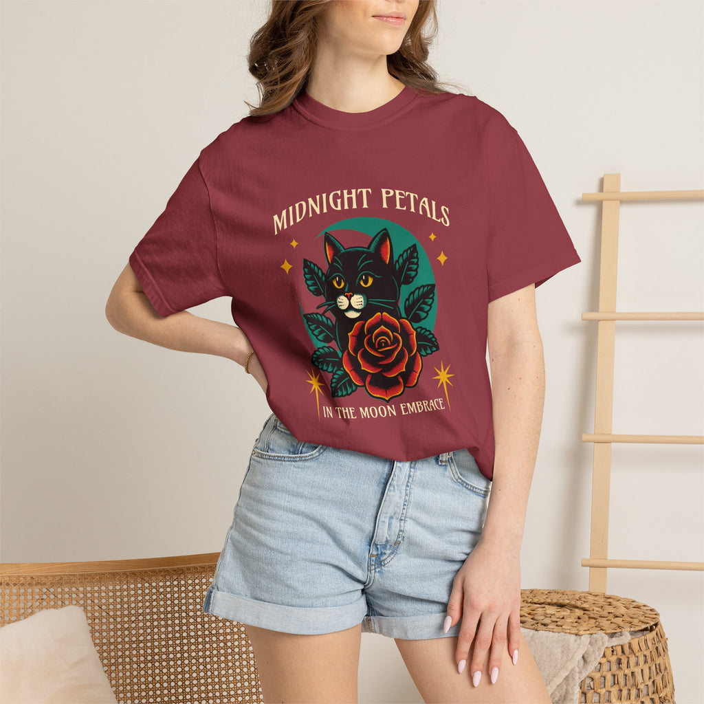 Midnight Petals Cat & Rose Tee — "Midnight Petals: In the Moon Embrace"