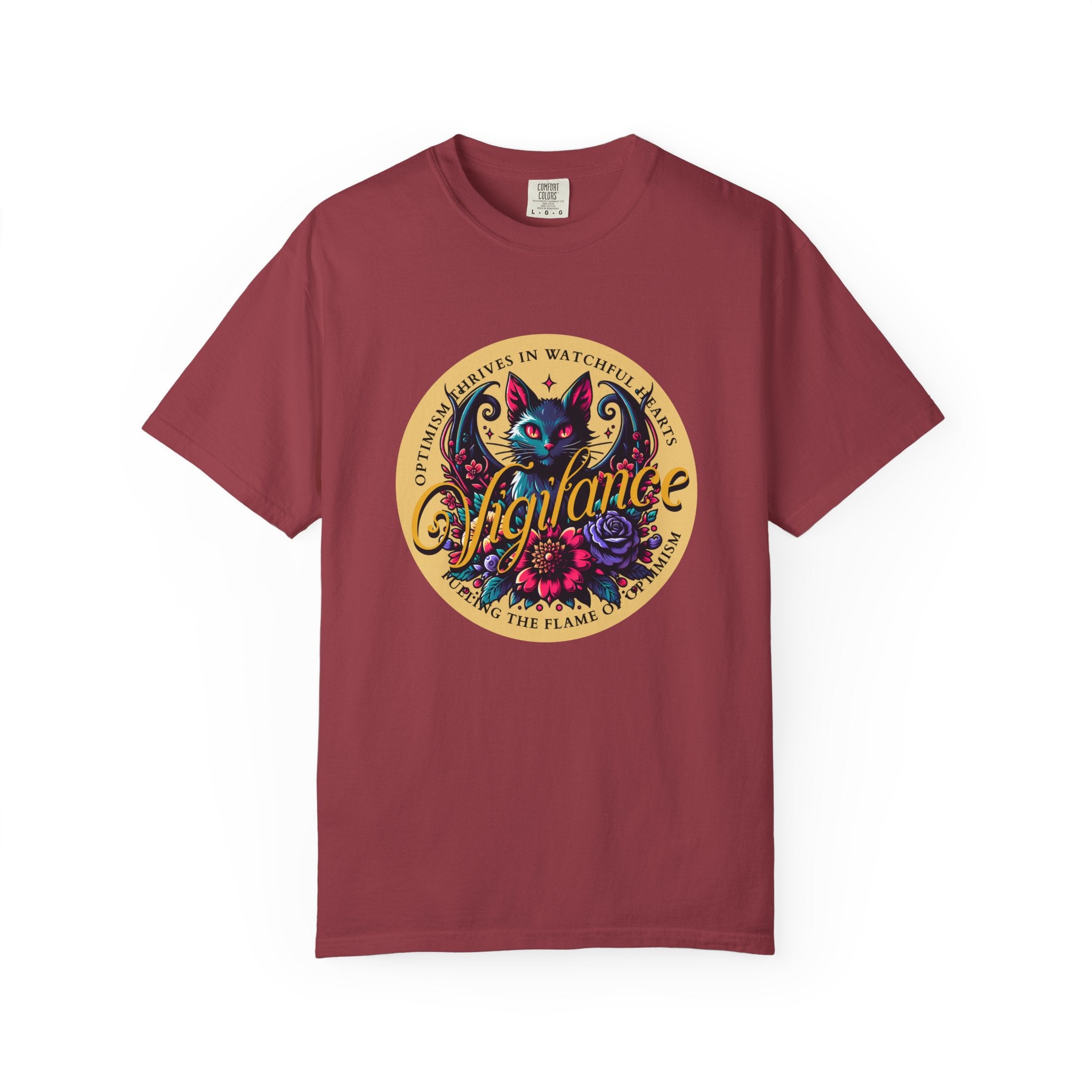 Vigilance Cat Graphic T-Shirt — Retro Floral Crest Tee