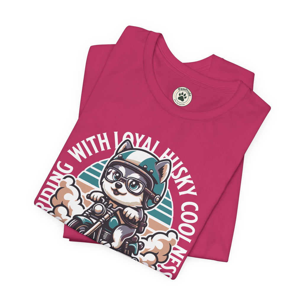 Riders Cat Motorcycle Tee — "Riding With Loyal Husky Coolness" Graphic Shirt