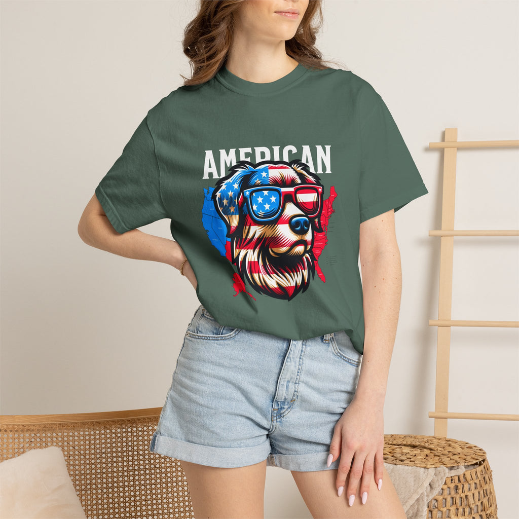 American Dog Graphic T-Shirt — Patriotic Sunglasses USA Crew Tee