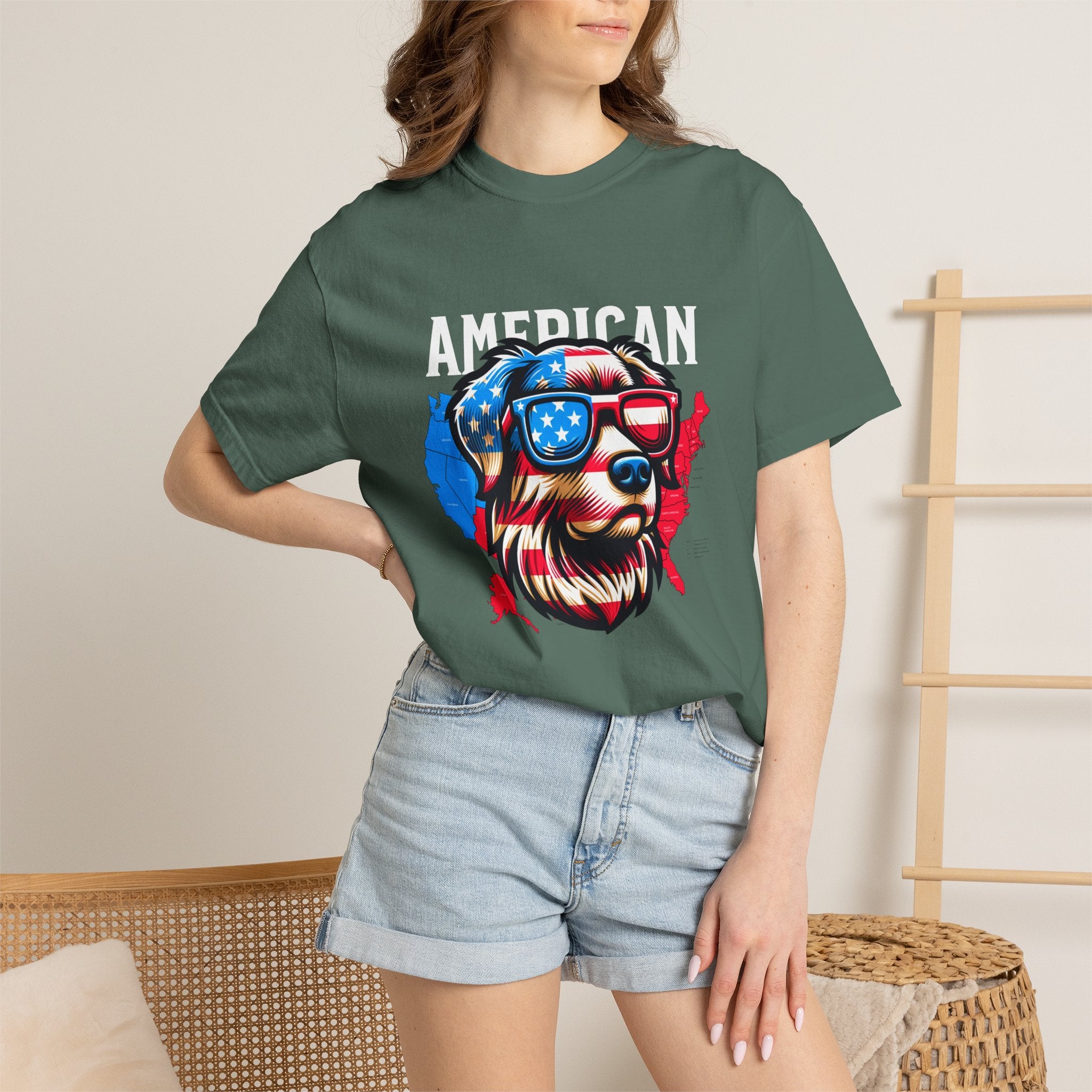 American Dog Graphic T-Shirt — Patriotic Sunglasses USA Crew Tee