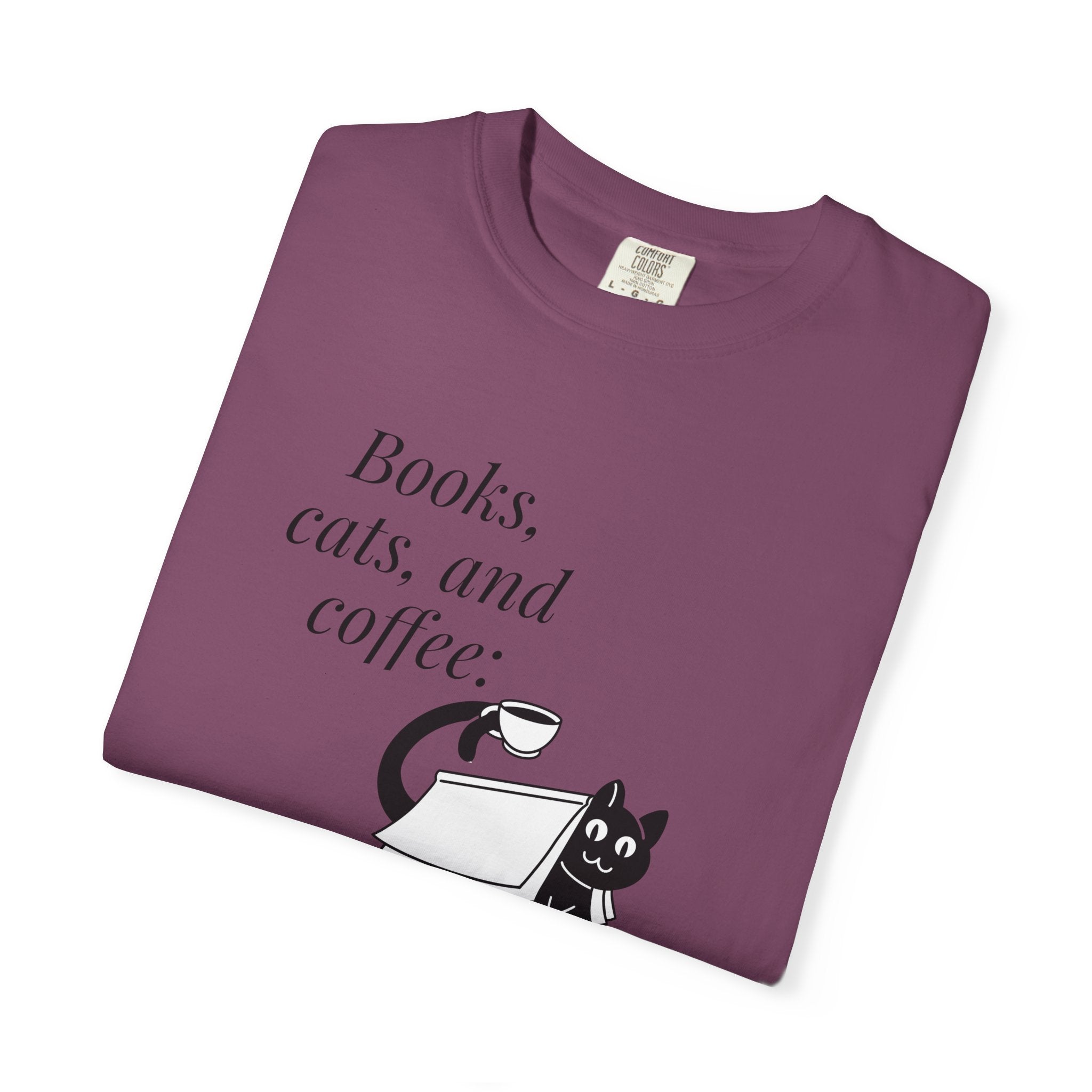Books, Cats, and Coffee T-Shirt — "Perfect Trio" Cozy Reader Tee