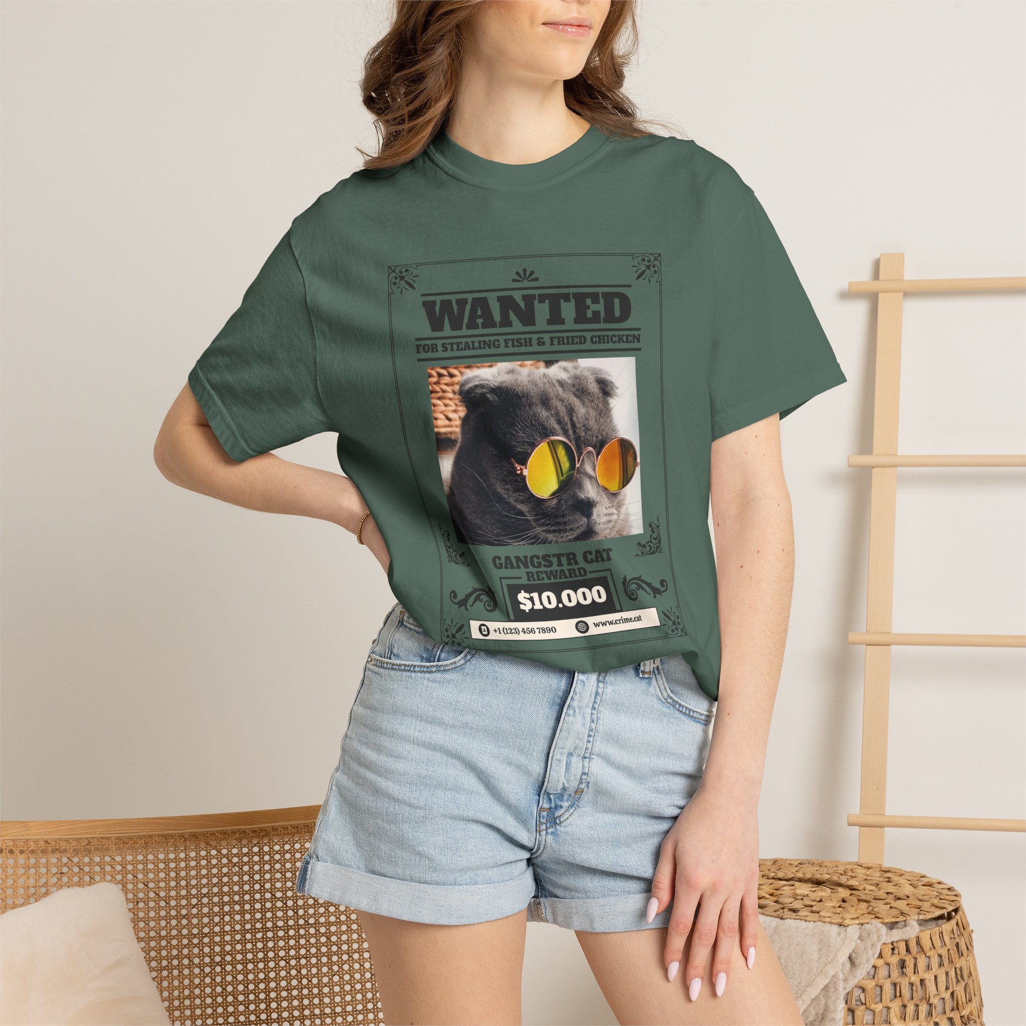 Wanted 'Gangsta Cat' T-Shirt — Vintage Wanted Poster Cat with Sunglasses
