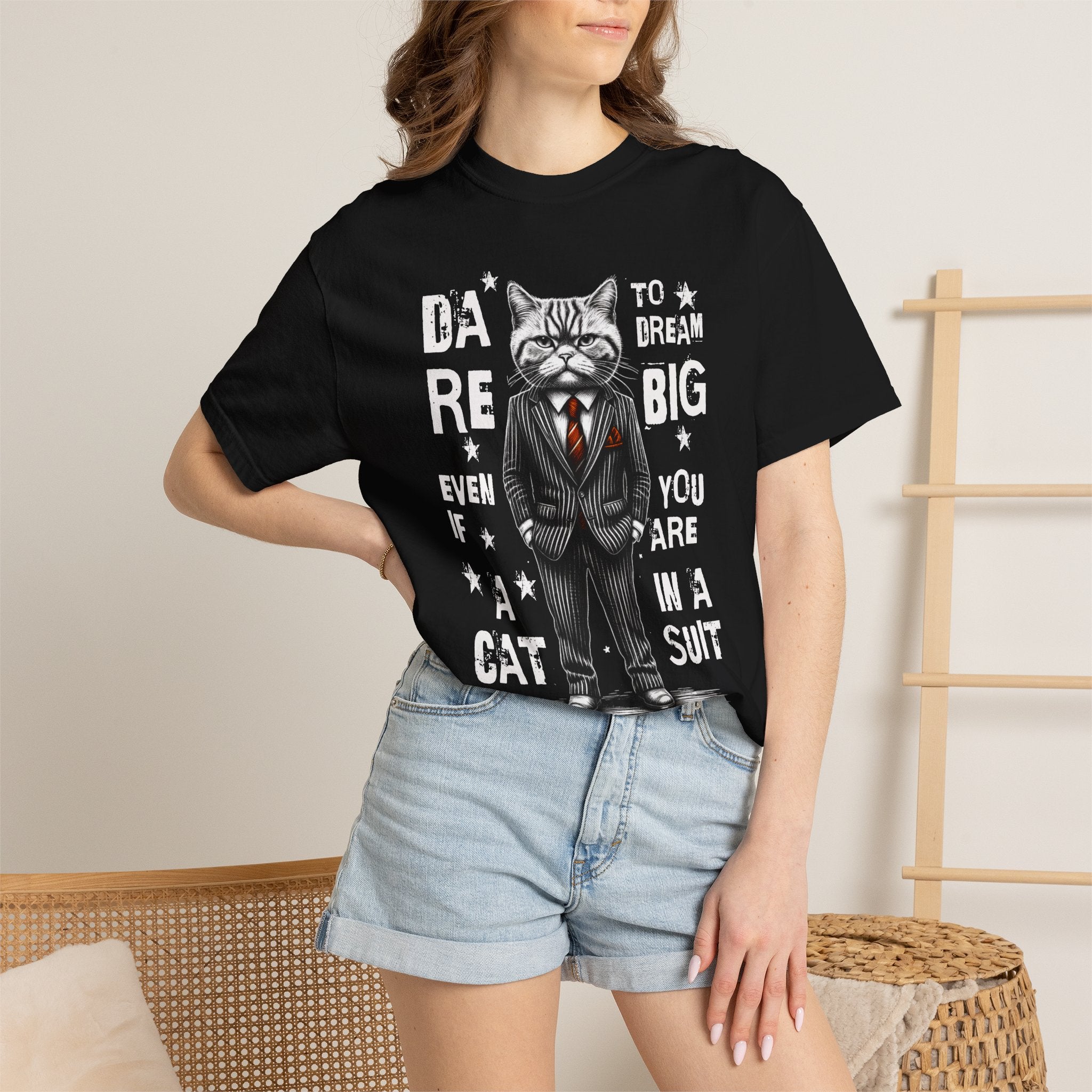 Cat in a Suit T-Shirt — "Dare to Dream Big Even If You Are a Cat" Motivational Tee