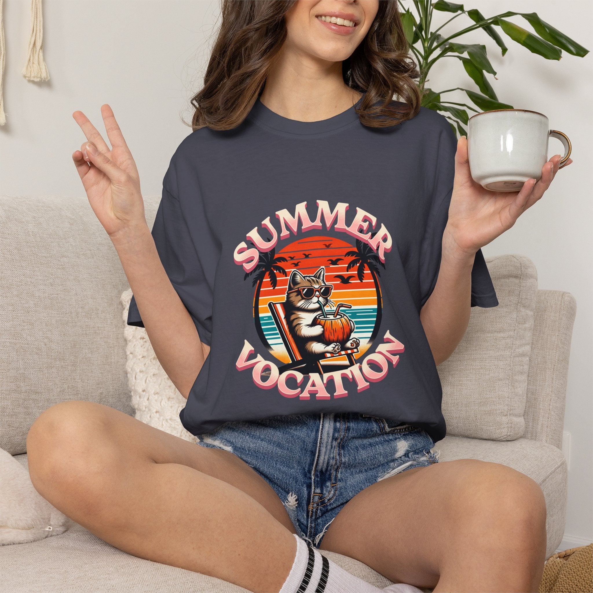 Summer Vacation T‑Shirt — Retro Cat on Beach Graphic