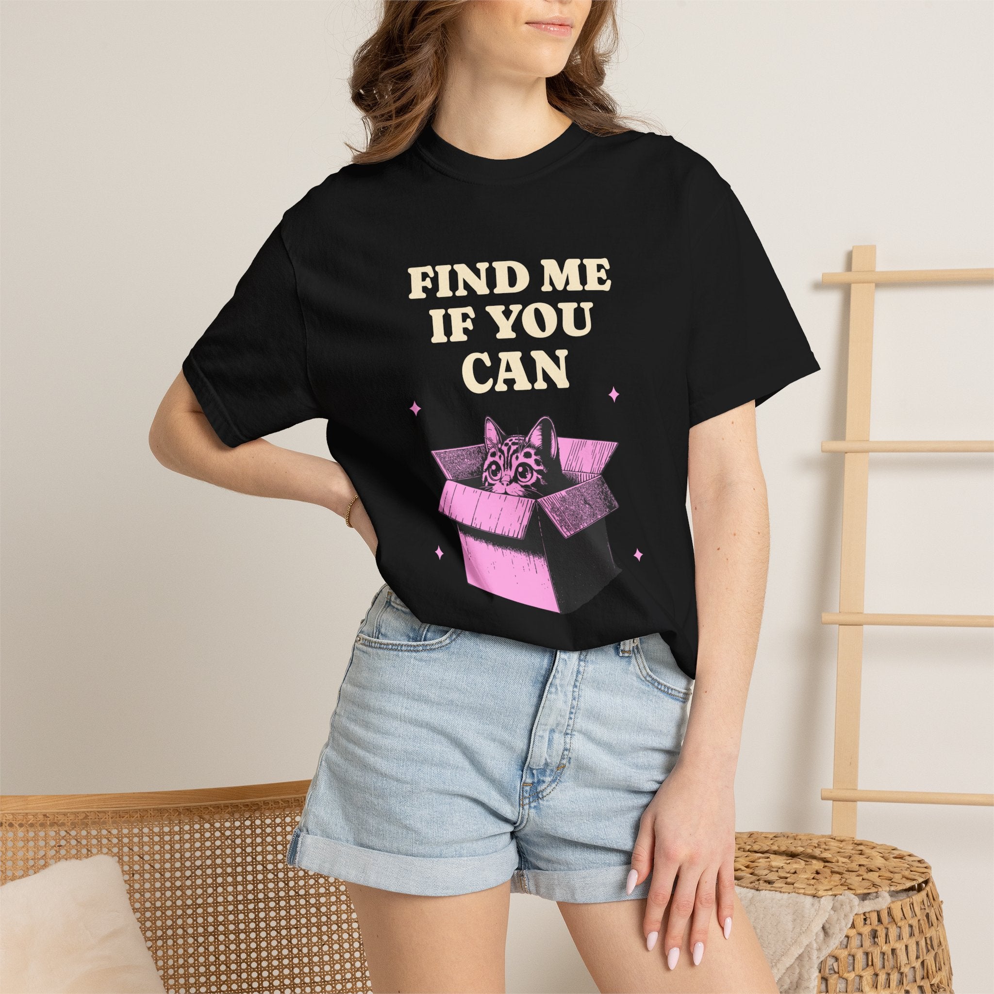 Find Me If You Can Cat T-Shirt — Playful Cat in Box Graphic Tee